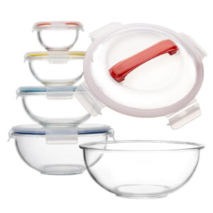 GENICOOK 10-Piece Nesting Glass Salad and Mixing Bowl Set with Locking Lids and Carry Deal with on Largest Bowl (Contains 5 Bowls and 5 Lids)