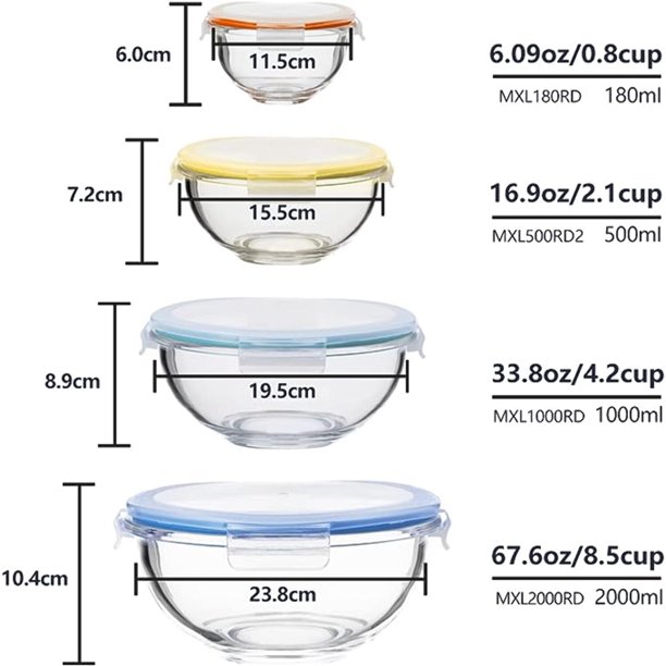 Genicook 8-Piece Nesting Borosilicate Glass Salad and Mixing Bowl Set (Consists of 4 Bowls and 4 Lids)