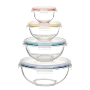 Genicook 8-Piece Nesting Borosilicate Glass Salad and Mixing Bowl Set (Consists of 4 Bowls and 4 Lids)