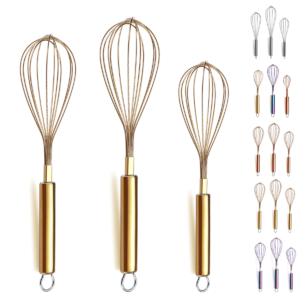 ReaNea Gold Stainless Metal Whisk Set – 3 Piece (8″, 10″, 12″) Beater Wire Whisks for Cooking and Kitchen Use