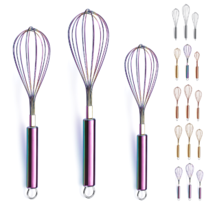 ReaNea Rainbow Whisk Set – 3-Piece Stainless Metal Whisks (8″, 10″, 12″) for Cooking and Beating within the Kitchen