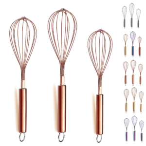 ReaNea Rose Gold Whisk Set – Set of three Stainless Metal Whisks (8″, 10″, 12″) for Cooking and Baking