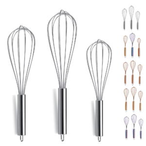 ReaNea Stainless Metal Whisk Set – 3-Piece (8″, 10″, 12″) for Cooking and Baking