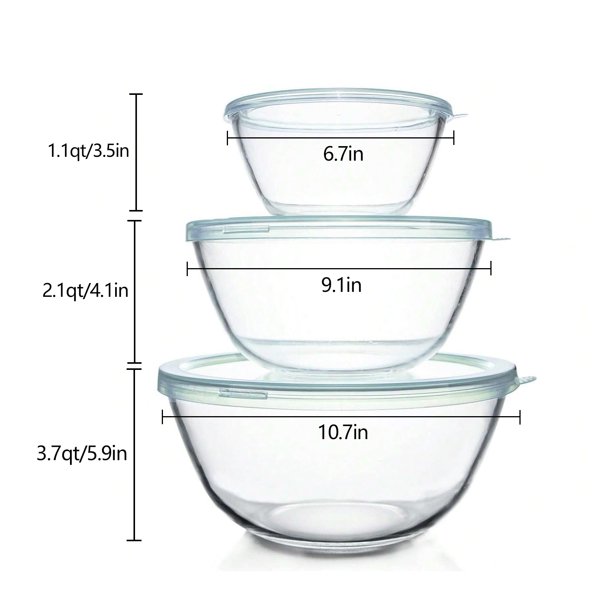 Set of three Clear Glass Mixing Bowls with Lids - Massive Bowls for Salad, Cake, and Kitchen Cooking