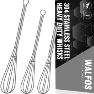 Walfos Stainless Metal Mini Whisk Set – 6”, 7”, and eight” Wire Whisks for Cooking, Good for Whisking, Mixing, Stirring, and Beating (3-Pack)