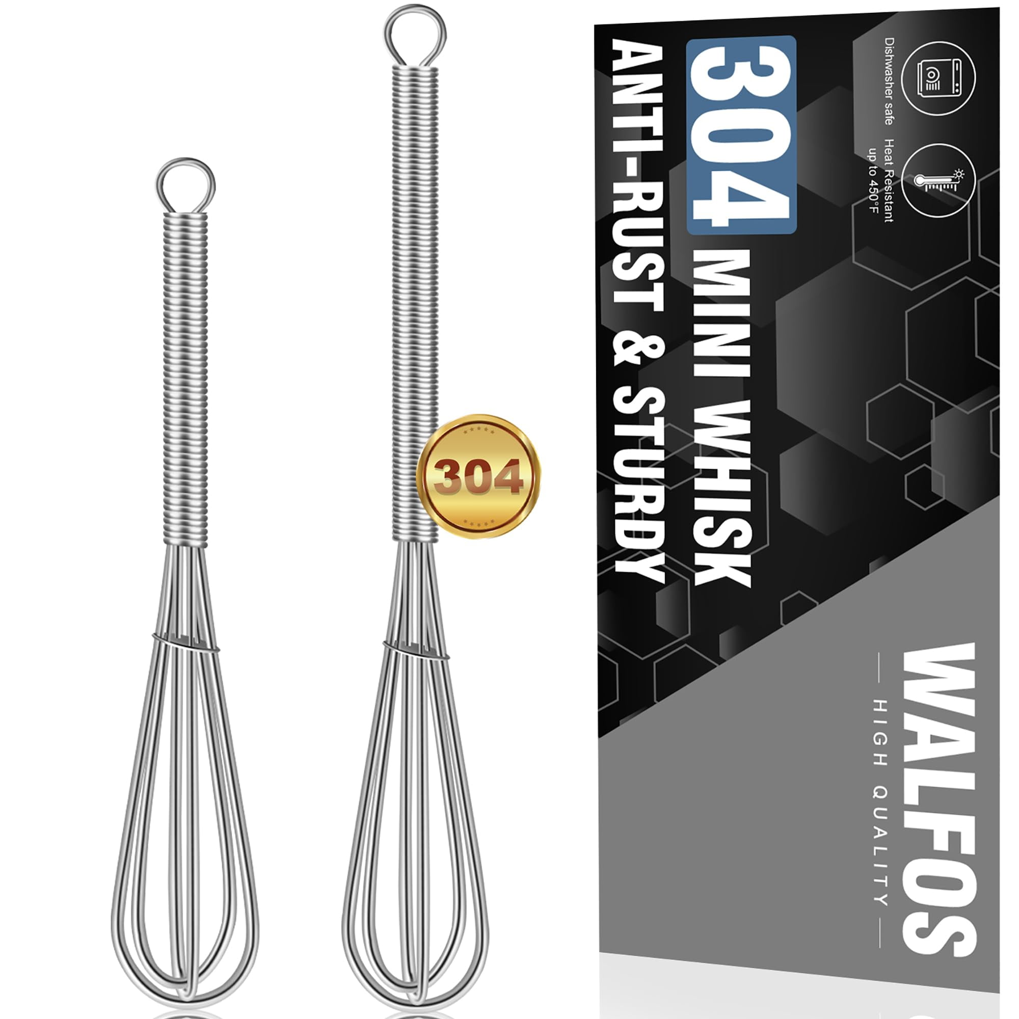 Walfos Stainless Metal Mini Whisks – Set of two (5-inch and 7-inch) for Beating, Mixing, and Mixing Sauces